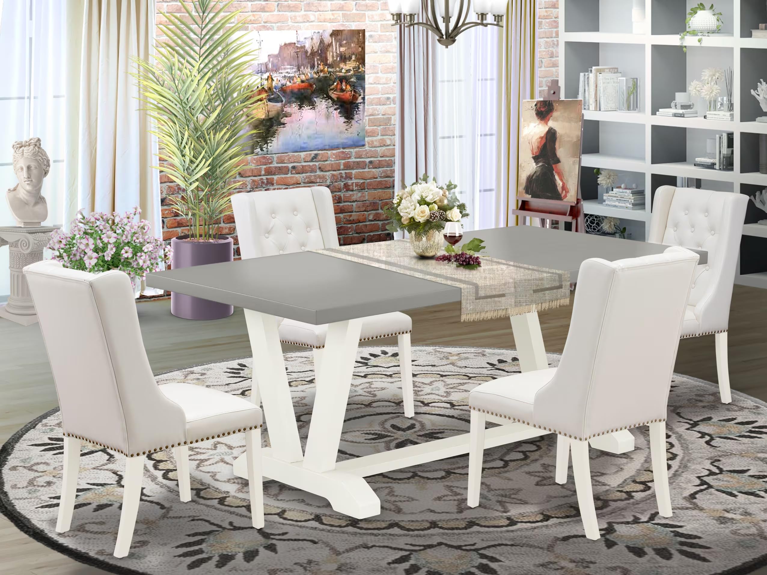 East West Furniture V097FO244-5 5 Piece Kitchen Table & Chairs Set Includes a Rectangle Dining Table with V-Legs and 4 Light Grey Faux Leather Upholstered Chairs, 40x72 Inch, Multi-Color